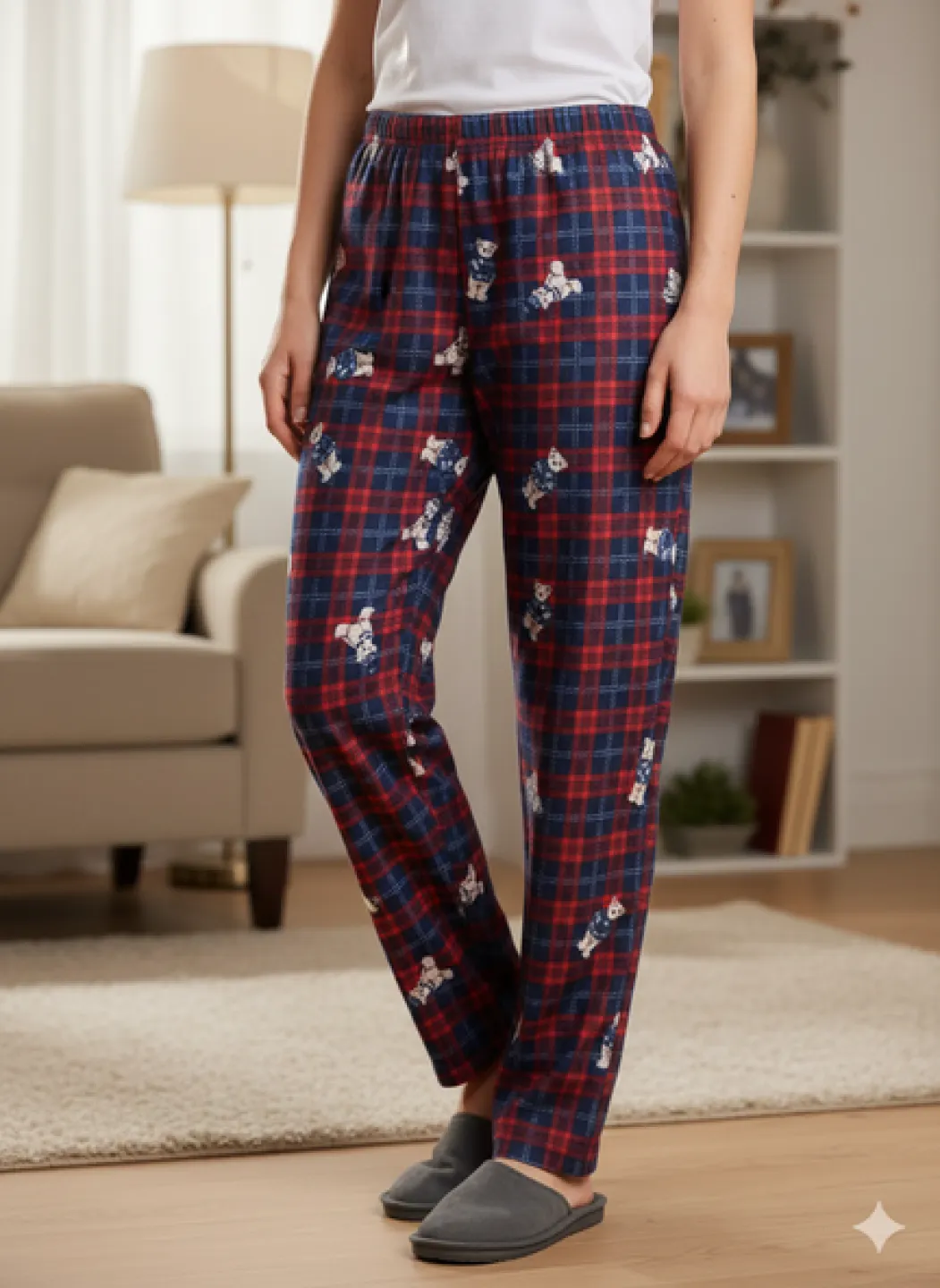 Pantaloni Pijamale Damă – Carouri Roșu cu Albastru Închis Pufos cu Ursuleți - 1