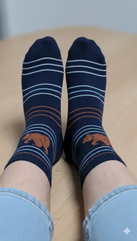 Șosete Damă Bleumarin cu Linii Albe și Maro și Imprimeu cu Urs