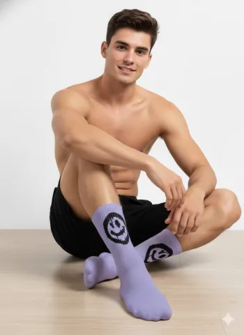 Set 2 Șosete Unisex Smiley Face Mov si Alb