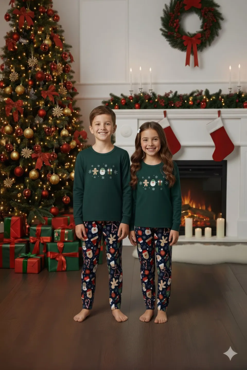 Pijama copii Crăciun verde & bleumarin cu figurine de sărbători - 1