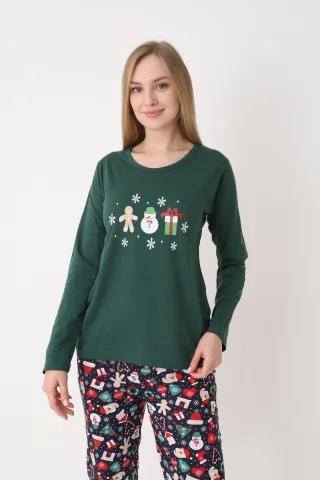 Pijama Crăciun Dama – Bluza Verde cu Turtă Dulce & Pantaloni Bleumarin hover