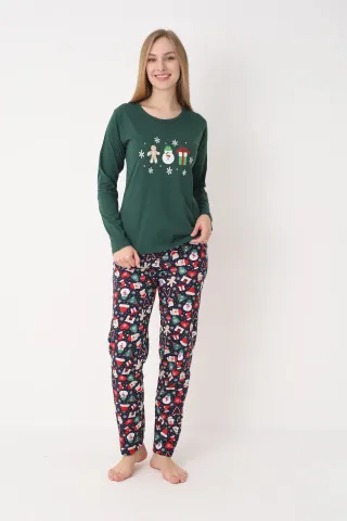 Pijama Crăciun Dama – Bluza Verde cu Turtă Dulce & Pantaloni Bleumarin