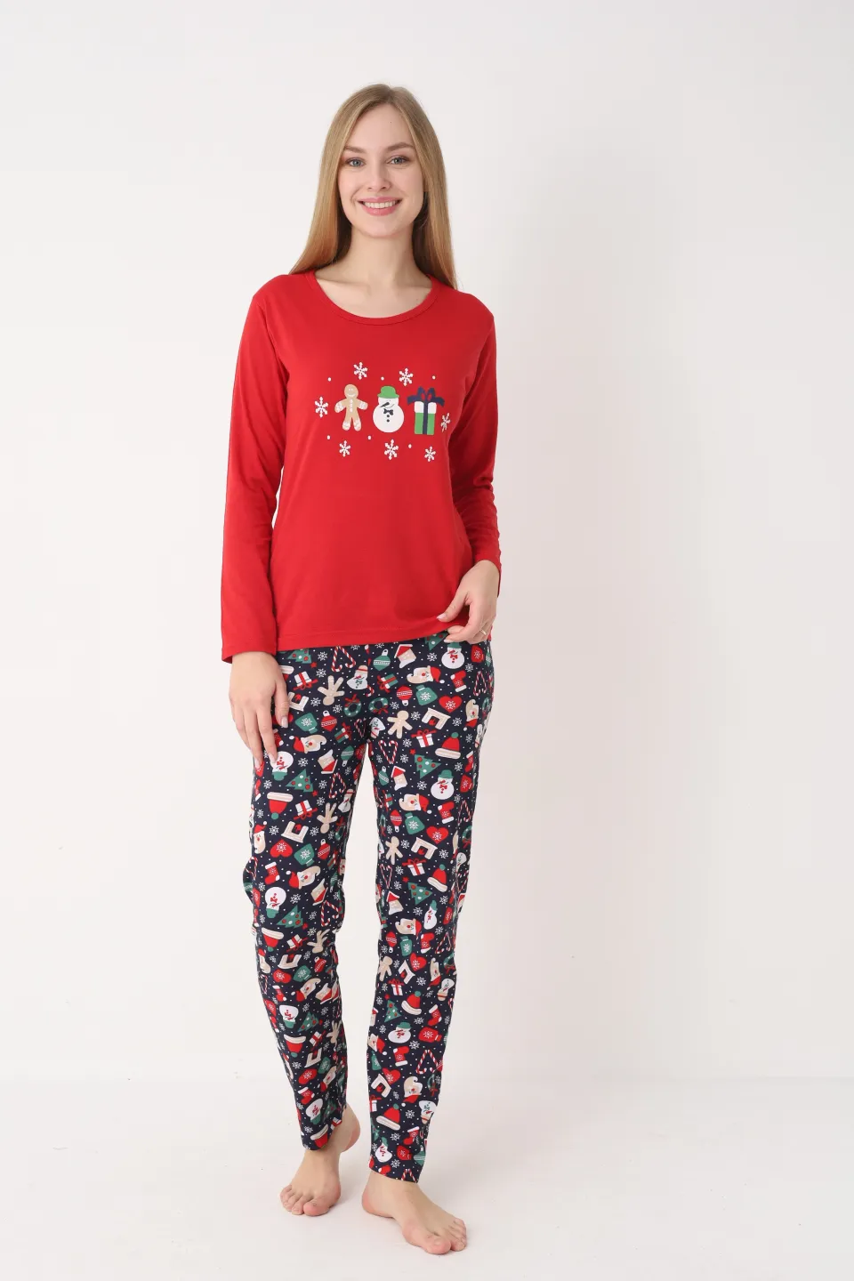 Pijama Crăciun Dama – Bluza Roșie cu Turtă Dulce & Pantaloni Bleumarin - 6