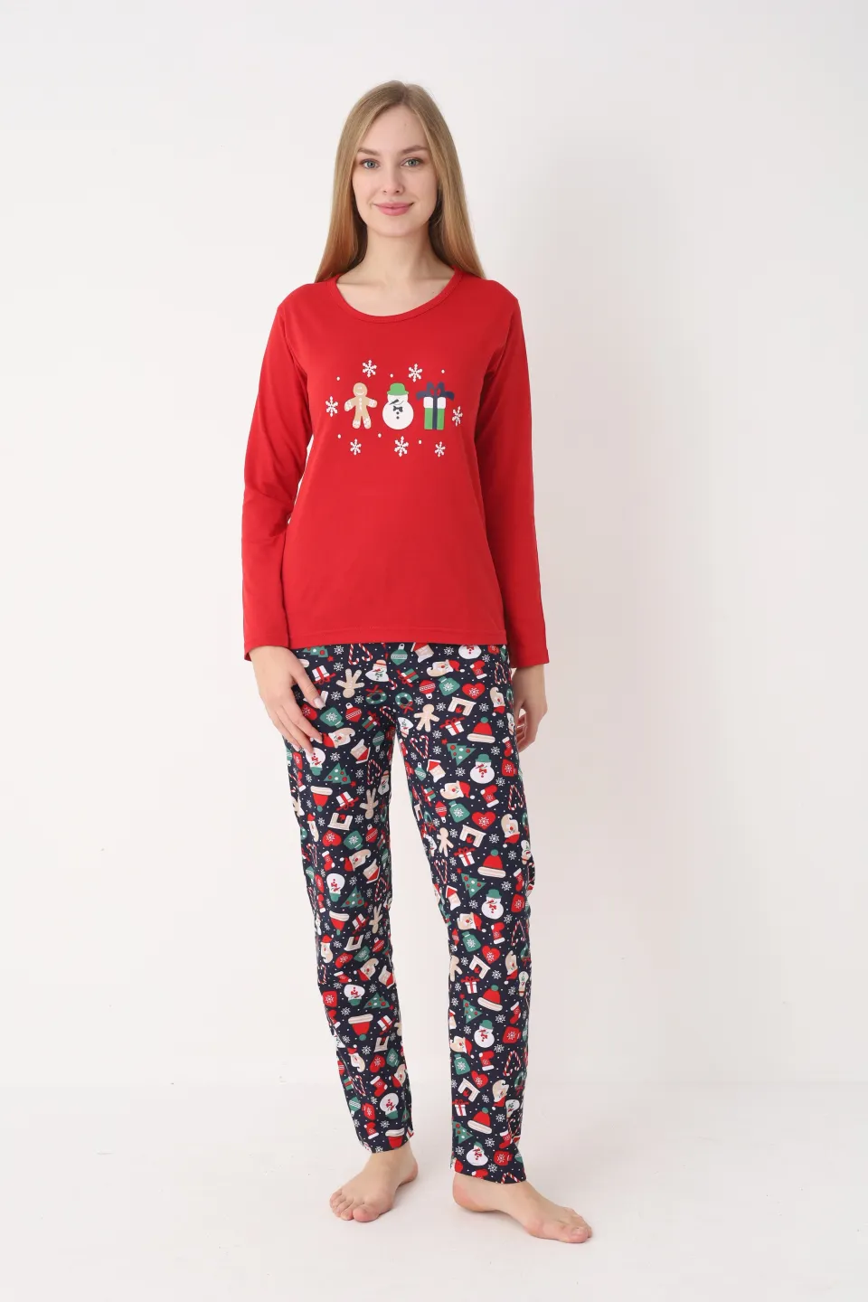 Pijama Crăciun Dama – Bluza Roșie cu Turtă Dulce & Pantaloni Bleumarin - 1