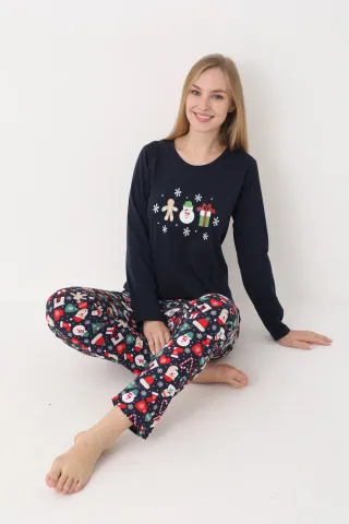 Pijama Crăciun Dama – Bluza Bleumarin cu Turtă Dulce & Pantaloni Bleumarin hover