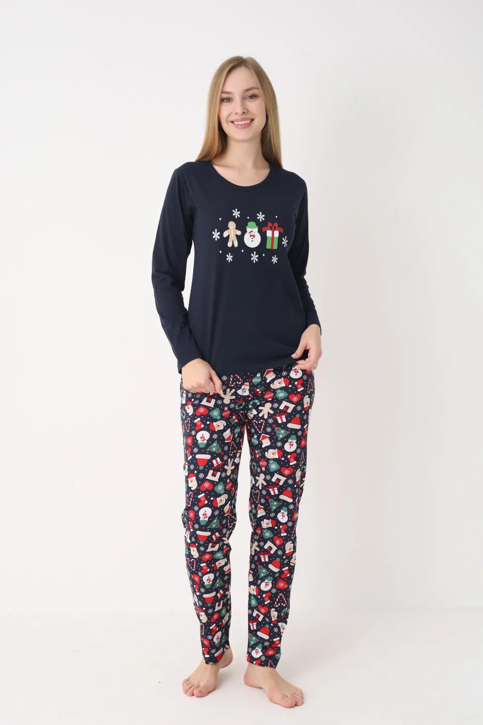 Pijama Crăciun Dama – Bluza Bleumarin cu Turtă Dulce & Pantaloni Bleumarin - 6