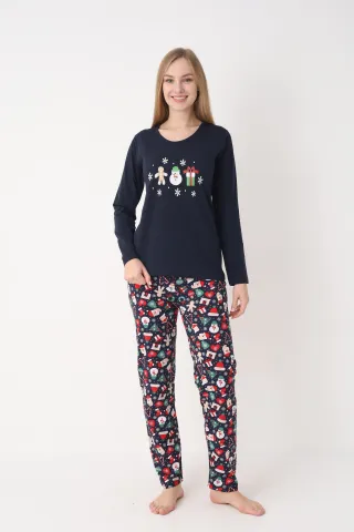 Pijama Crăciun Dama – Bluza Bleumarin cu Turtă Dulce & Pantaloni Bleumarin