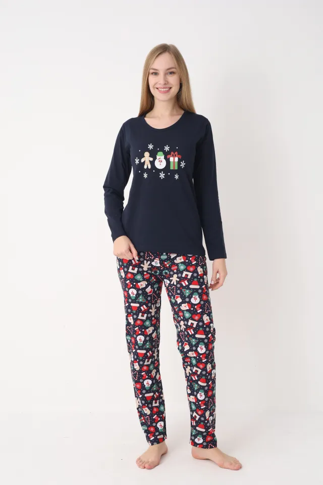 Pijama Crăciun Dama – Bluza Bleumarin cu Turtă Dulce & Pantaloni Bleumarin