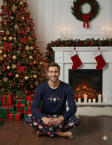 Pijama bărbați Crăciun bleumarin cu figurine festive hover