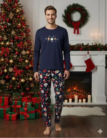 Pijama bărbați Crăciun bleumarin cu figurine festive