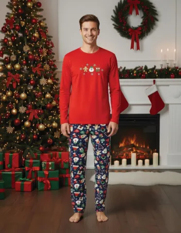 Pijama bărbați Crăciun roșu & bleumarin cu figurine festive