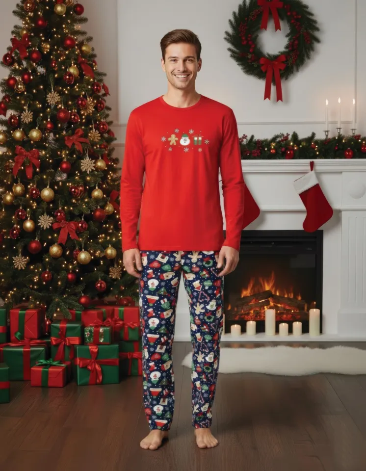 Pijama bărbați Crăciun roșu & bleumarin cu figurine festive