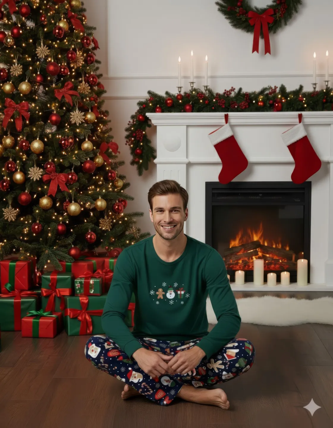 Pijama bărbați Crăciun verde & bleumarin cu figurine festive - 2