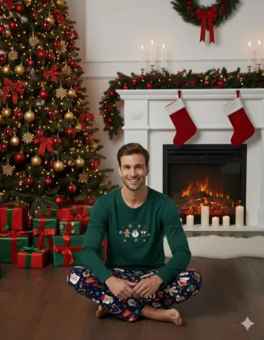 Pijama bărbați Crăciun verde & bleumarin cu figurine festive hover