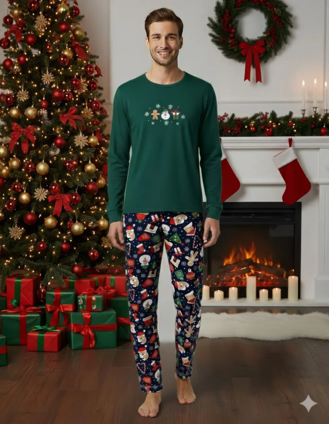 Pijama bărbați Crăciun verde & bleumarin cu figurine festive - 1