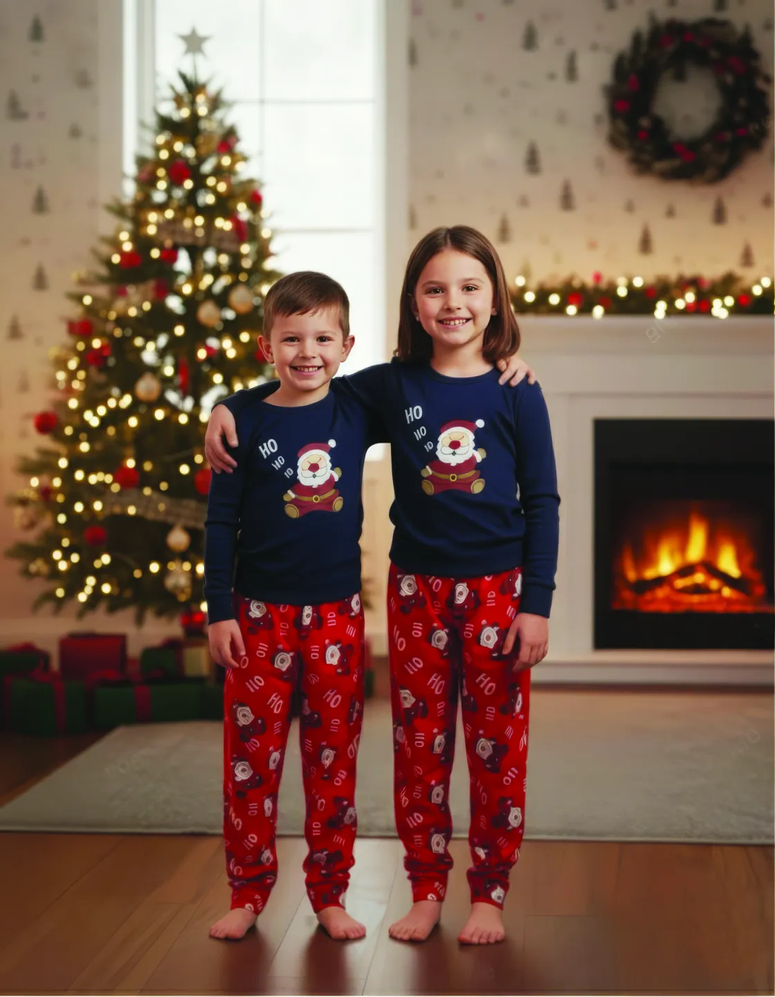 Pijama copii Crăciun bleumarin & roșu cu Moș Crăciun „Ho Ho Ho” - 1