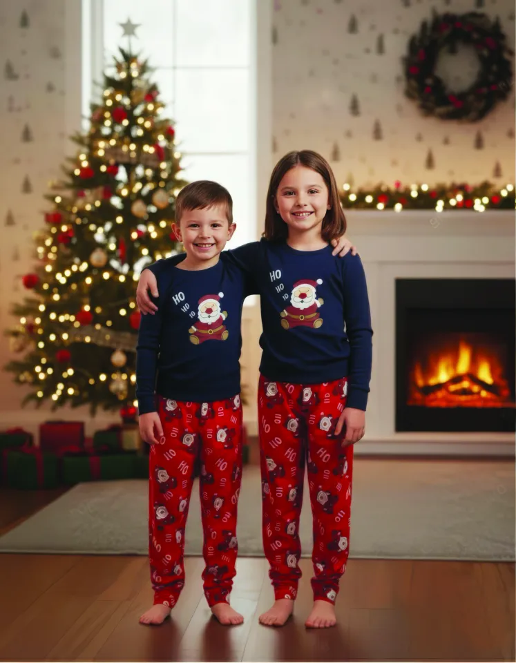 Pijama copii Crăciun bleumarin & roșu cu Moș Crăciun „Ho Ho Ho”