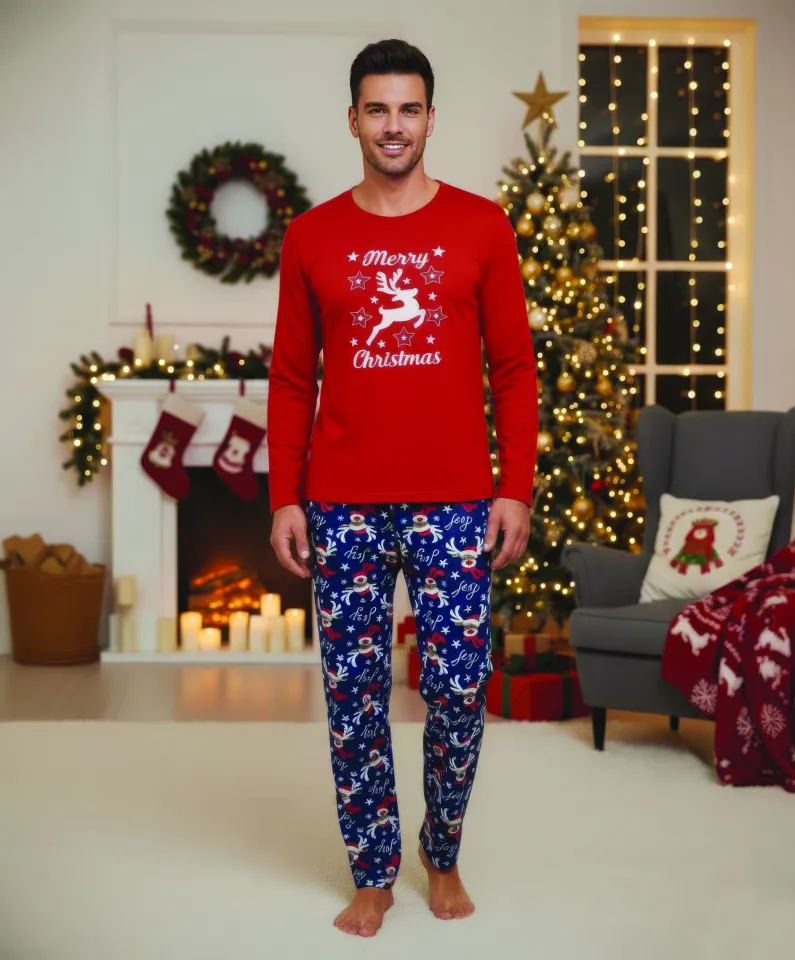 Pijamă Crăciun Bărbați – Bluză Roșie & Pantaloni Bleumarin, Ren Merry Christmas