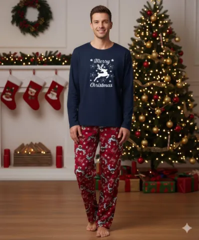 Pijamă Crăciun Bărbați – Bluză Bleumarin & Pantaloni Bleumarin, Ren Merry Christmas