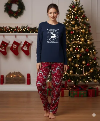 Pijamă Crăciun Damă – Bluză Bleumarin & Pantaloni Roșii, Ren Merry Christmas