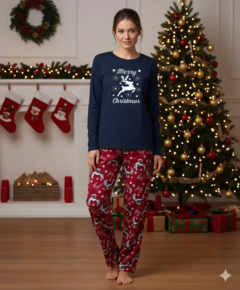 Pijamă Crăciun Damă – Bluză Bleumarin & Pantaloni Roșii, Ren Merry Christmas