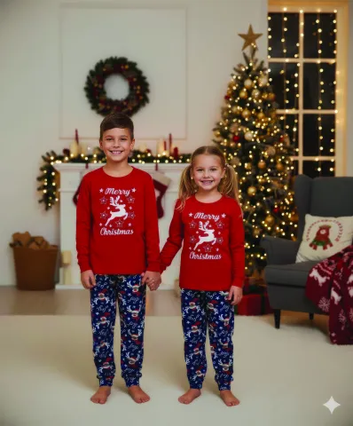Pijama copii Crăciun roșu & bleumarin cu ren „Merry Christmas”