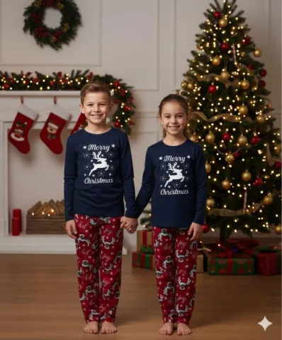 Pijama copii Crăciun bleumarin & roșu cu ren „Merry Christmas”