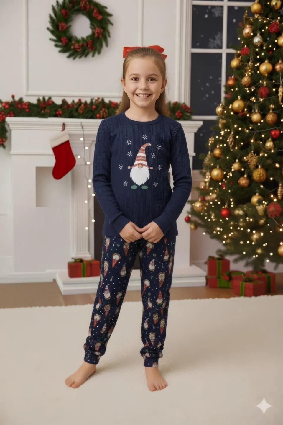 Pijama copii Crăciun bleumarin cu pitic și fulgi de nea - 2