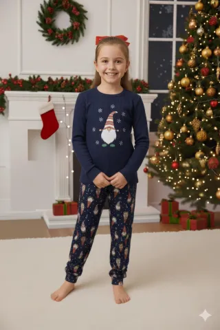Pijama copii Crăciun bleumarin cu pitic și fulgi de nea hover