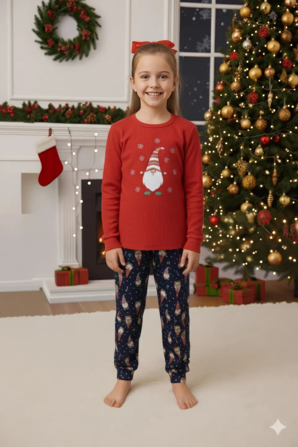 Pijama copii Crăciun roșu & bleumarin cu pitic și fulgi de nea - 2