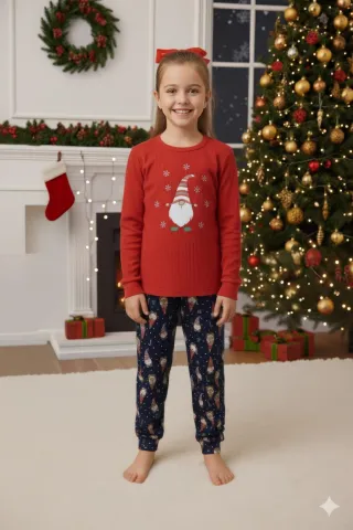 Pijama copii Crăciun roșu & bleumarin cu pitic și fulgi de nea hover