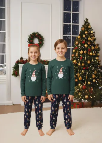 Pijama copii Crăciun verde & bleumarin cu pitic și fulgi de nea