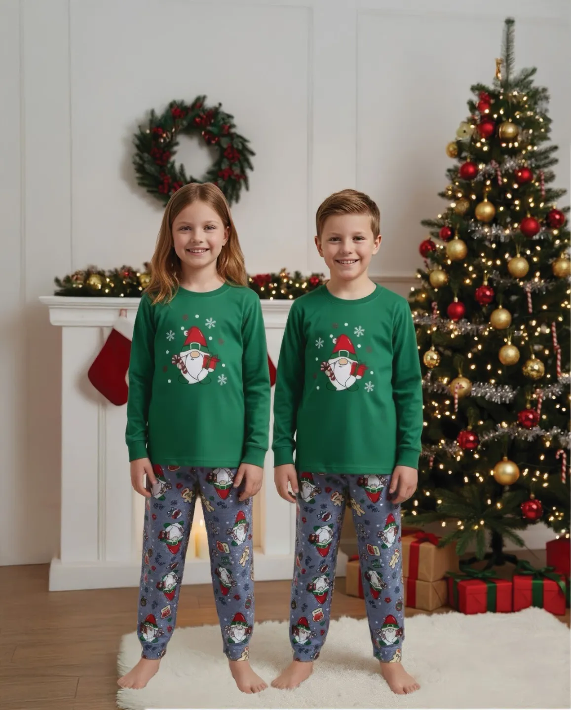 Pijama copii Crăciun verde & gri deschis cu pitic și acadea - 1