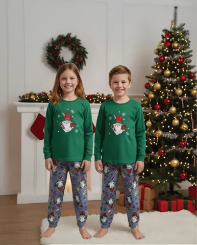 Pijama copii Crăciun verde & gri deschis cu pitic și acadea