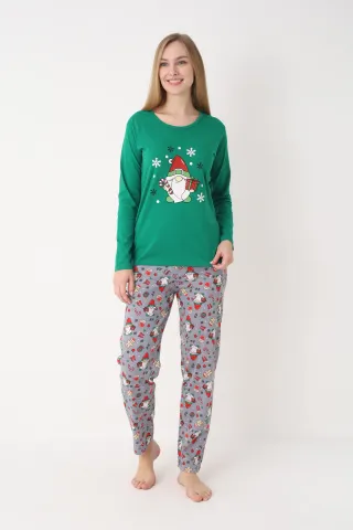 Pijamă Damă Crăciun – Bluză Verde & Pantaloni Gri Deschis, Imprimeu Pitic cu Acadea