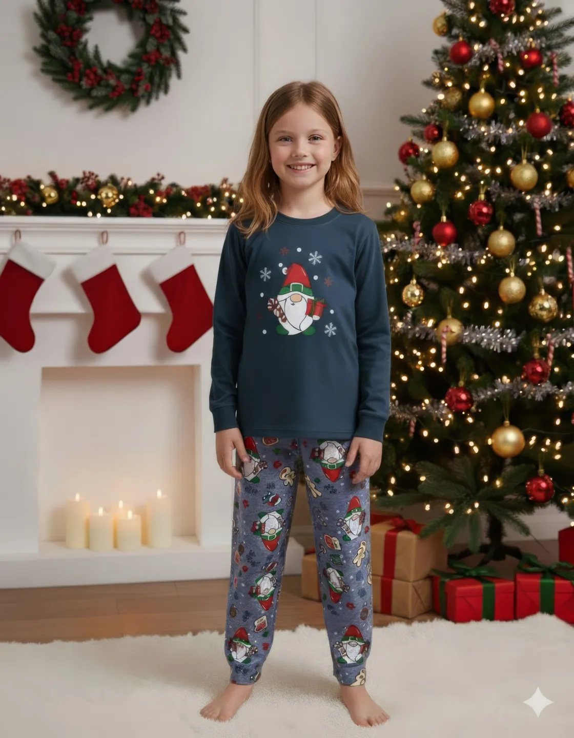 Pijama copii Crăciun bleumarin & gri deschis cu pitic și acadea - 2