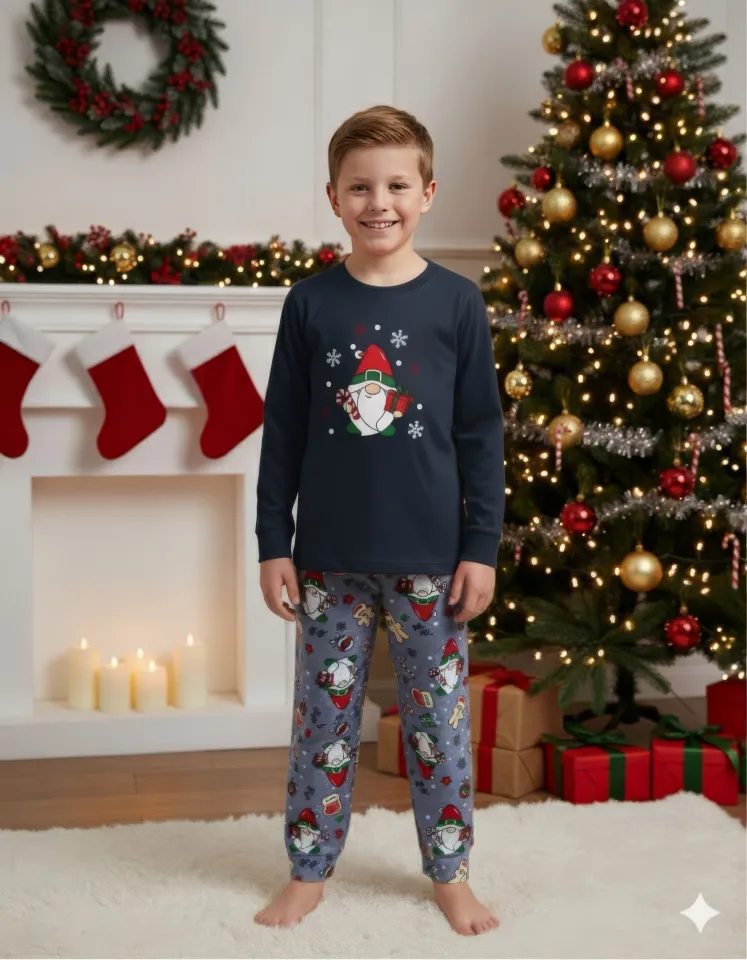 Pijama copii Crăciun bleumarin & gri deschis cu pitic și acadea