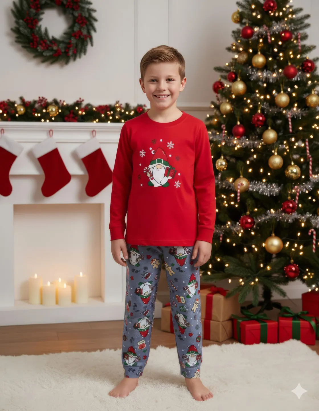 Pijama copii Crăciun roșu & gri deschis cu pitic și acadea - 1