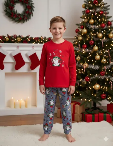 Pijama copii Crăciun roșu & gri deschis cu pitic și acadea