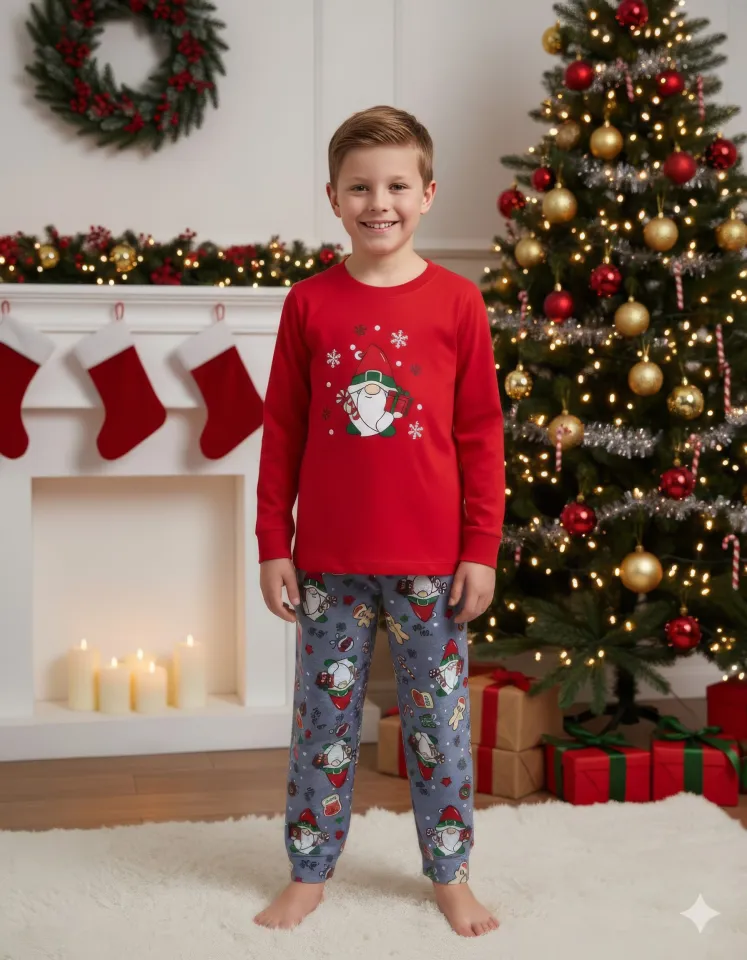 Pijama copii Crăciun roșu & gri deschis cu pitic și acadea