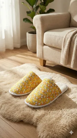 Papuci de casă pentru bărbați, galbeni, cu imprimeu halbă de bere – călduroși și comozi