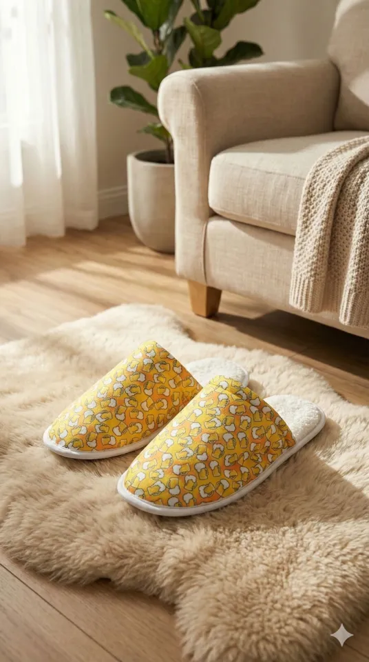 Papuci de casă pentru bărbați, galbeni, cu imprimeu halbă de bere – călduroși și comozi