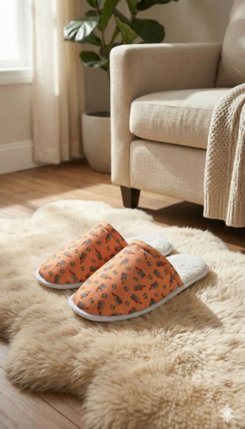 Papuci de casă pentru bărbați, portocalii, cu imprimeu Whiskey – călduroși și comozi - 1