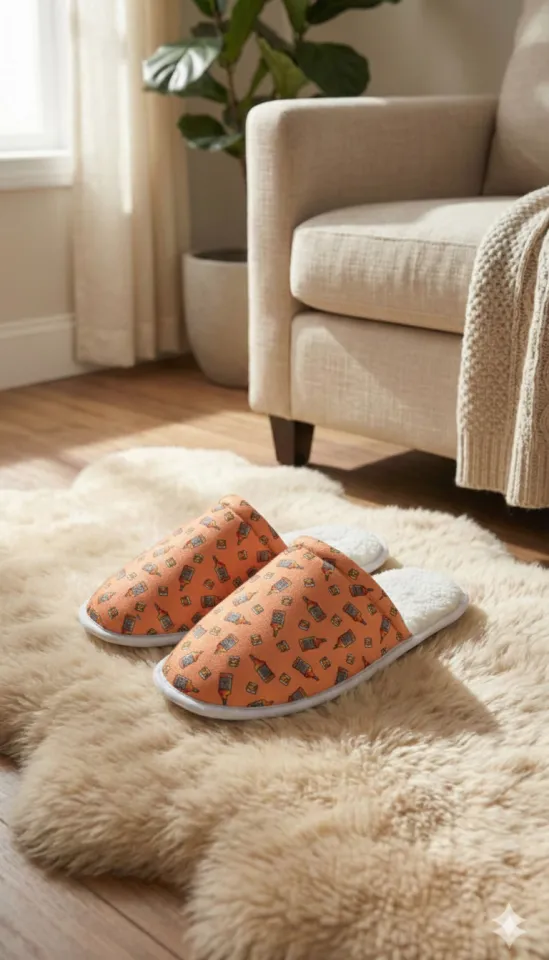 Papuci de casă pentru bărbați, portocalii, cu imprimeu Whiskey – călduroși și comozi