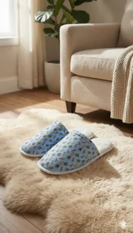 Papuci de casă pentru bărbați, albaștri, cu imprimeu halbă de bere – călduroși și comozi
