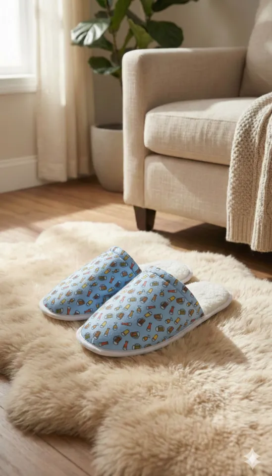 Papuci de casă pentru bărbați, albaștri, cu imprimeu halbă de bere – călduroși și comozi
