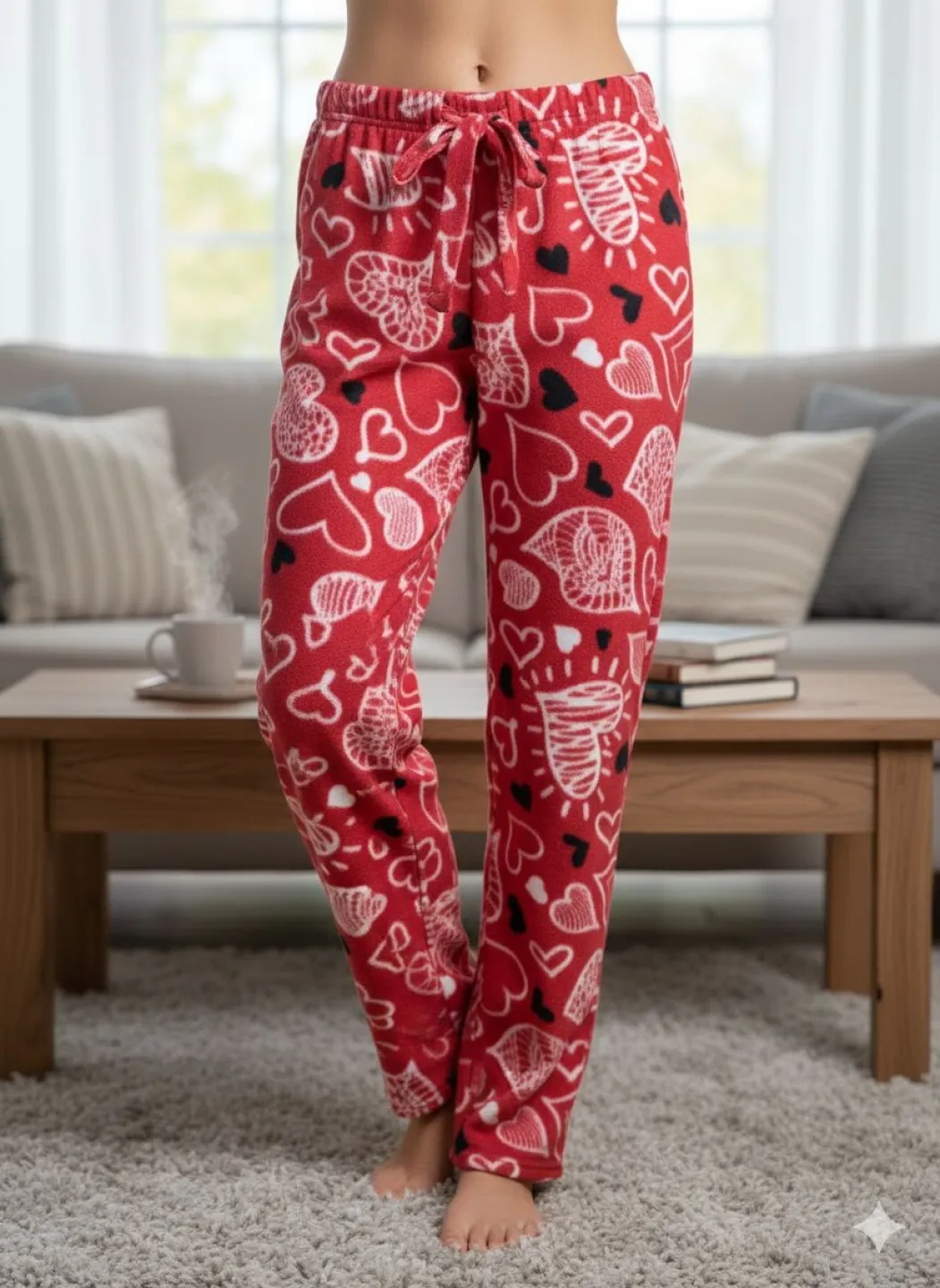 Pantaloni Dama Polar , Roșii, cu Inimioare - 1