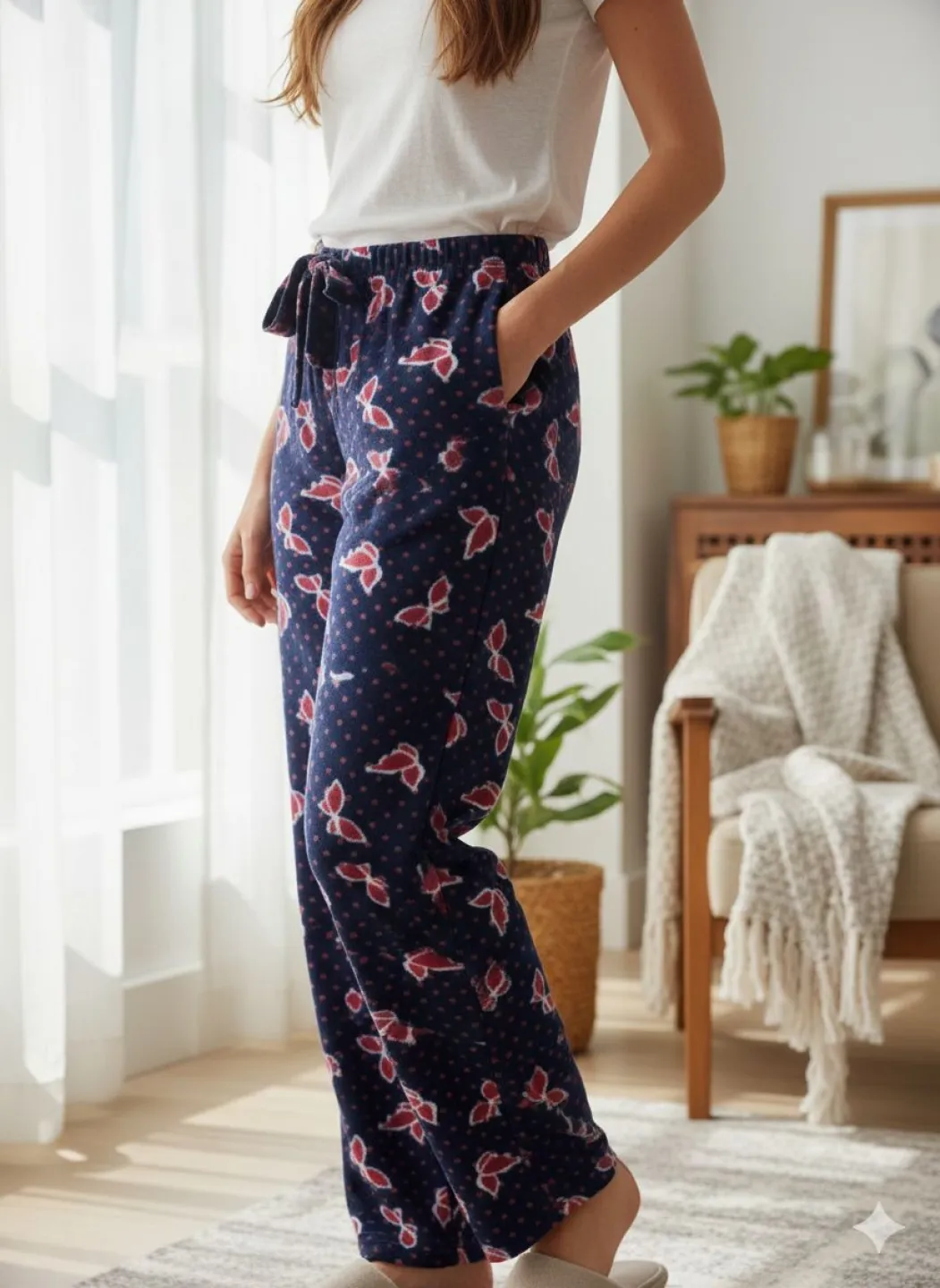 Pantaloni Dama Polar , Bleumarin, cu Fluturi - 1