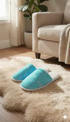 Papuci de casă damă cu puf, cu imprimeu fulgi de zăpadă – comozi și călduroși