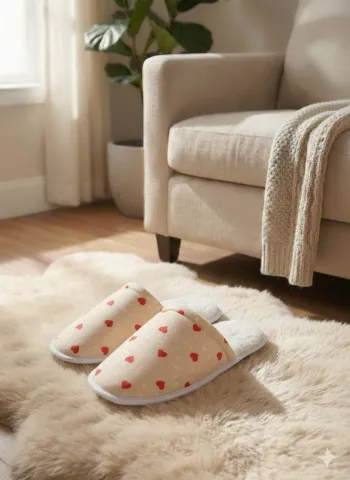 Papuci de casă damă cu puf, crem, cu imprimeu inimioare – comozi și călduroși